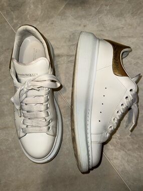 Alexander McQueen White Leather Sneakers with Gold Heel Accent